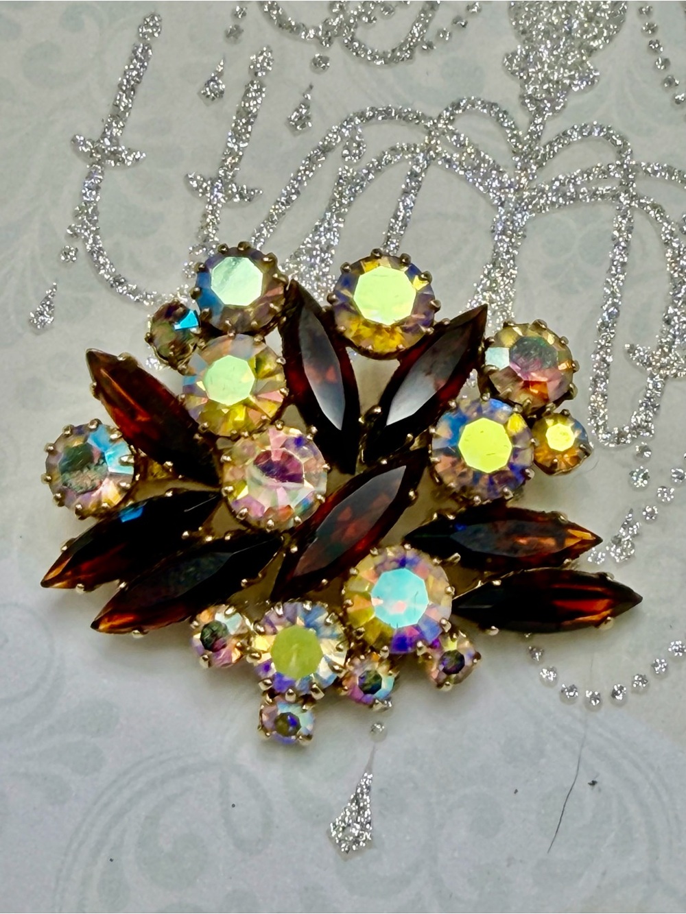 Vintage Borealis and Amber Marquise Statement Brooch #cz717